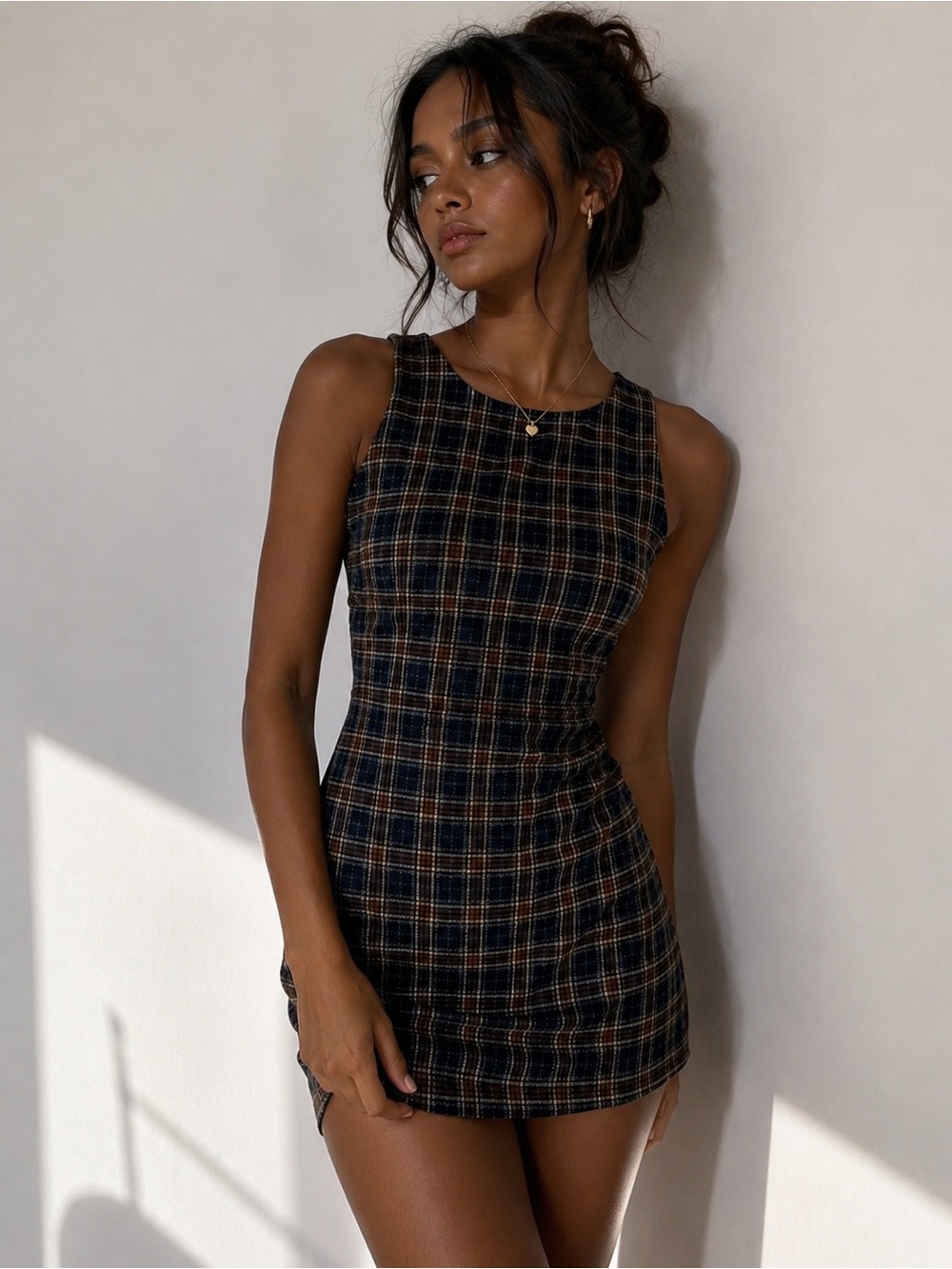Brandy Melville Navy and Brown Plaid Mini Dress